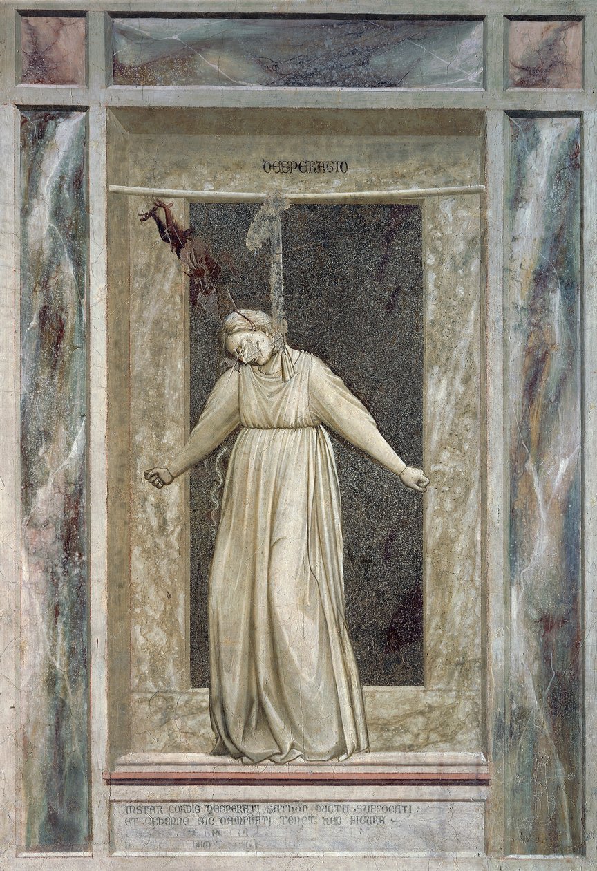Kétségbeesés, magát felakasztó női alak és az ördög, aki a hajába ragadja, Giotto (1267-1337) részlete A bűnök és erények című freskóciklusból alkotó: Giotto (c.1266 1337)
