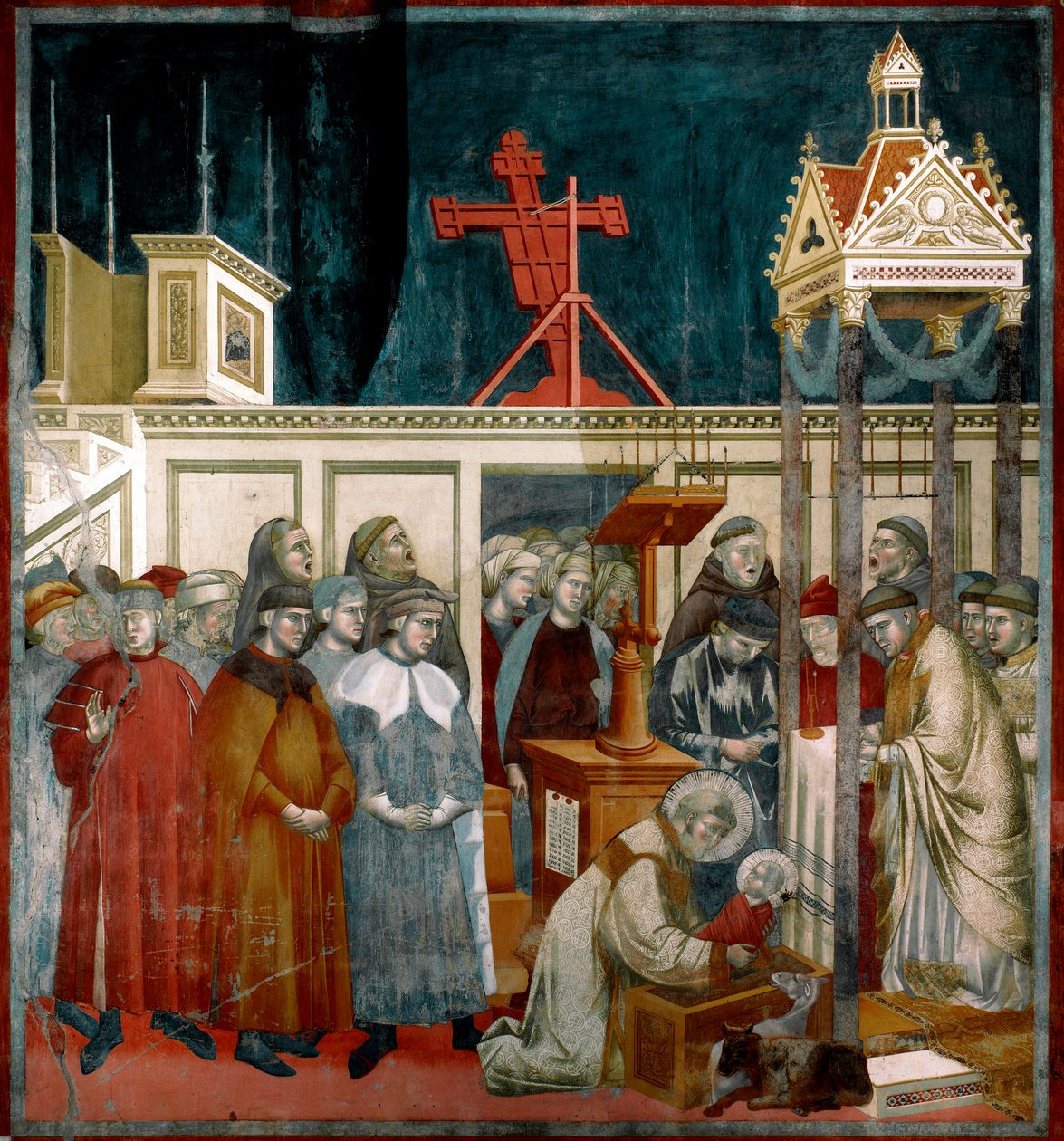 Assisi Szent Ferenc története: „A Greccio bölcsőde csodája” Szent Francois 1223-ban hozta létre az első bölcsődét a Rieti melletti Greccióban. Giotto di Bondone (1267-1337) freskója. 1296-1299 V. 270x230 cm Assisi Szent Ferenc felső-bazilika, alkotó: Giotto (c.1266 1337)