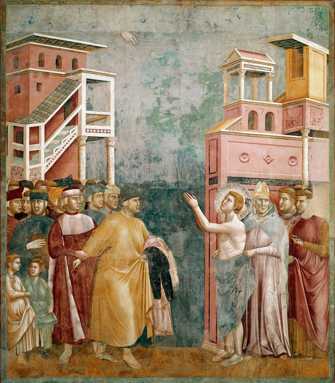 A tulajdonról való lemondás. Szent Ferenc visszaadja a ruhákat apjának. Giotto di Bondone festménye (1267-1337) alkotó: Giotto (c.1266 1337)