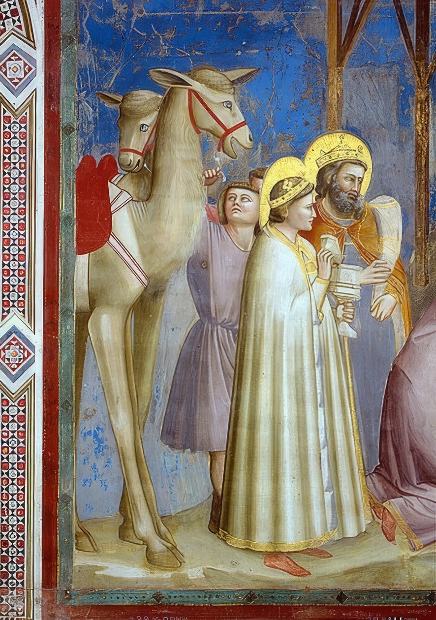A mágusok imádása. Részlet: két teve és a királyok ajándékaikkal. 1305 alkotó: Giotto di Bondone