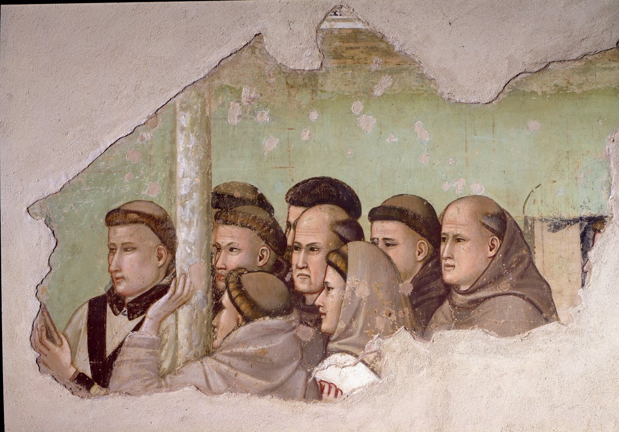 Epizód Assisi Szent Ferenc életéből: „Szent Ferenc megjelenik Fra Agostinónak és egy estének”” Részlet a ferences szerzetesek csoportjáról. Giotto da Bondone freskója alkotó: Giotto di Bondone