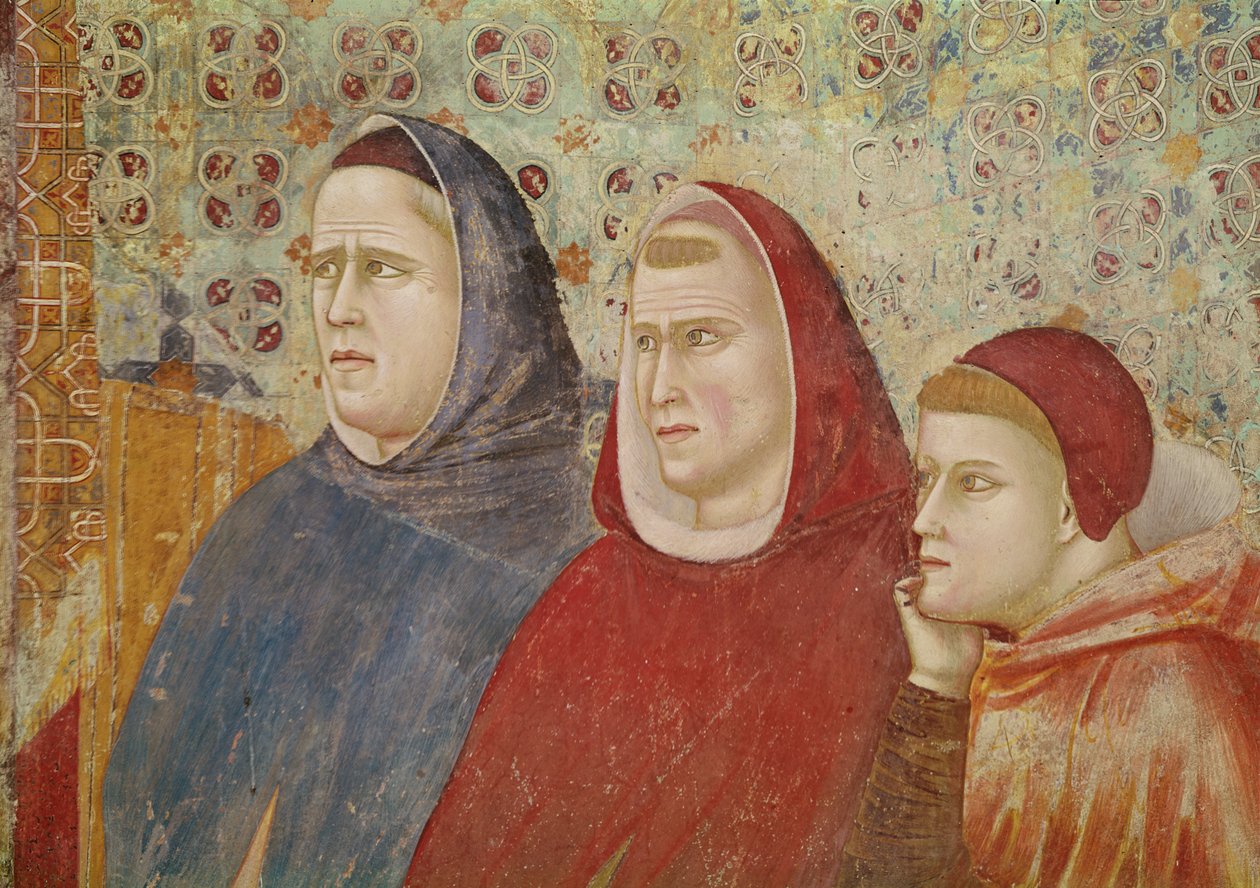Szent Ferenc prédikációt hirdet III. Honorius pápának, három elöljáró részlete a jobb oldalon, 1297-1299 körül alkotó: Giotto di Bondone