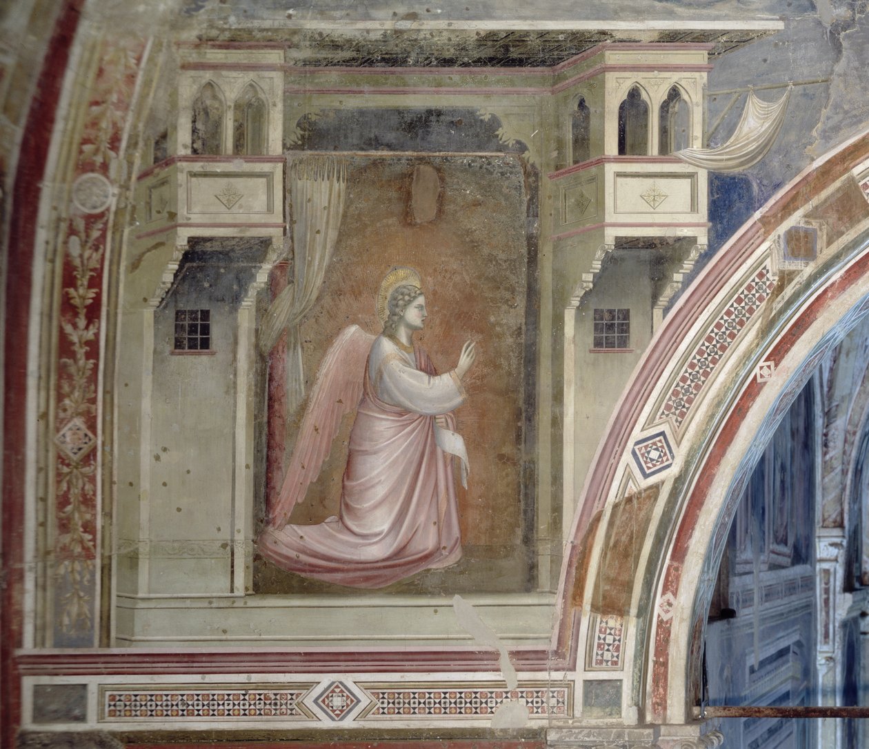 Angyali üdvözlet, Gábriel angyal részlete, az oltár feletti lunettákból, 1305 körüli freskó alkotó: Giotto di Bondone