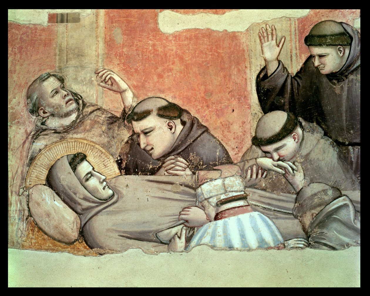 Szent Ferenc halála, Szent Ferenc és a szerzetesek részlete a Bardi-kápolna 63329-es freskórészletéről alkotó: Giotto di Bondone