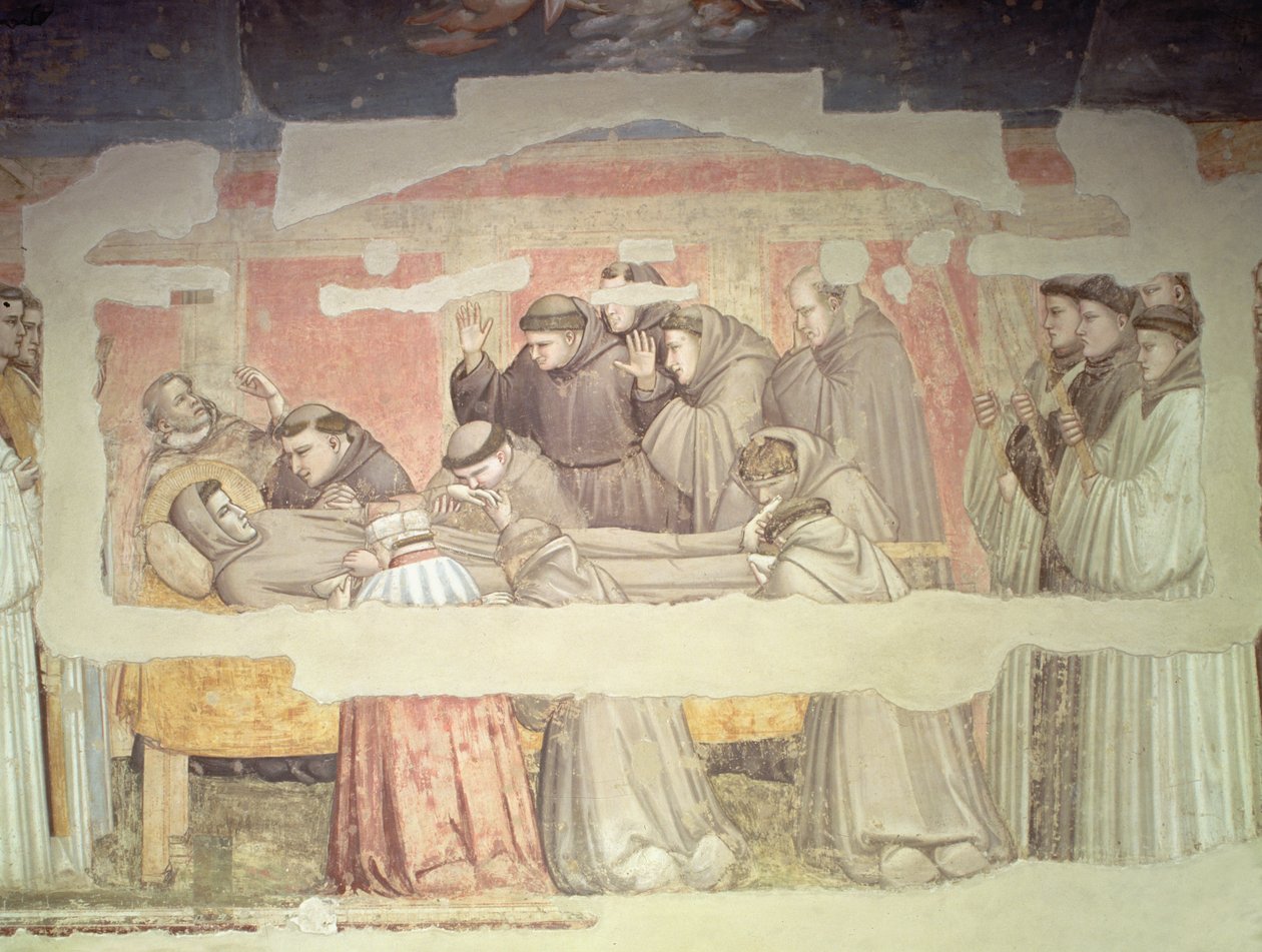 Szent Ferenc halála, részlet a sírról és a gyászolókról, a Bardi-kápolna freskójáról lásd még 63380, 63329, 99677 alkotó: Giotto di Bondone