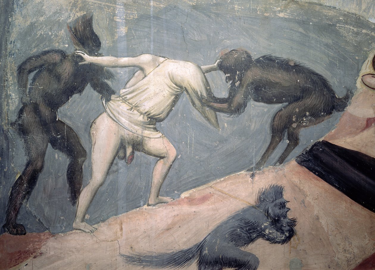 Az utolsó ítélet: Pokol, részlet a két démon által elrabolt egyik átkozottról, 1303-05 körül alkotó: Giotto di Bondone