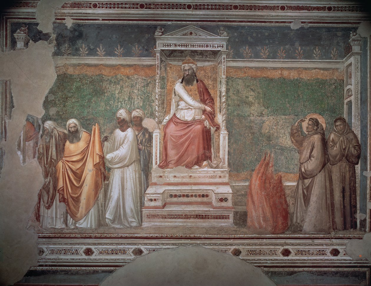 Assisi Szent Ferenc tűzpróbája az egyiptomi szultán előtt, a Bardi-kápolnából, 1320 körül alkotó: Giotto di Bondone