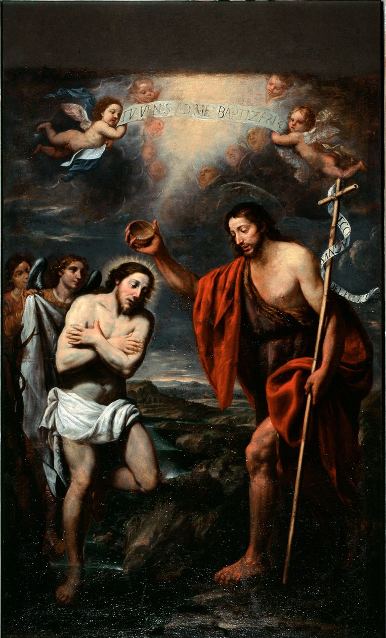 Krisztus keresztsége (Jézus Krisztus keresztsége) Giovanni Battista Calzone festménye (1609-1681) 17. századi Santa Margherita Ligure, Santa Margherita templom alkotó: Giovan Battista Casone