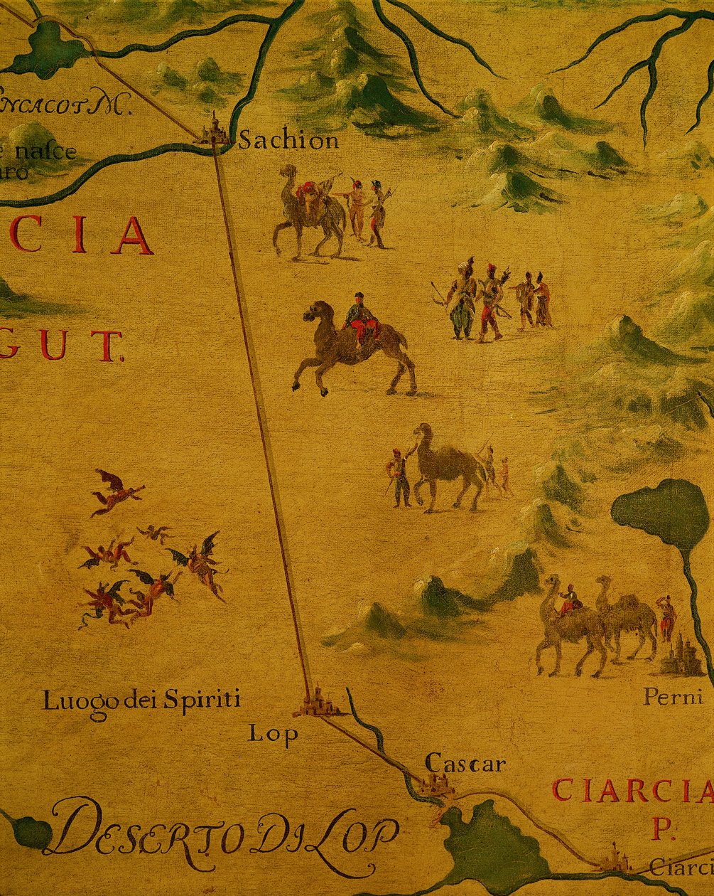 Lop sivataga, a szellemek és kísértetek otthona, ahogyan Marco Polo átutazott rajta. alkotó: Giovan Battista Ramusio