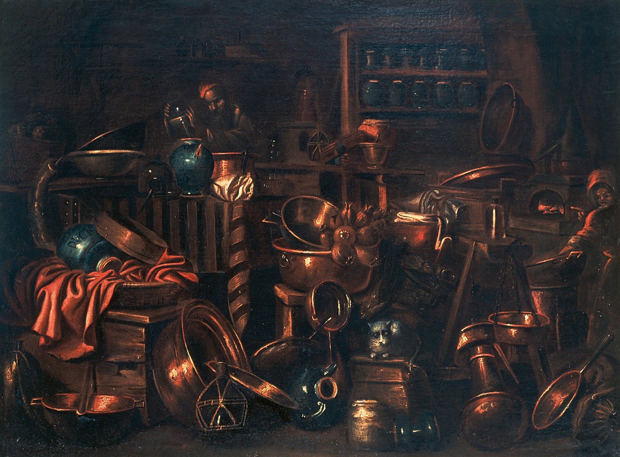 Alkimista laboratórium, Gian Domenico Valentino (1630-1708) festménye, Olaszország alkotó: Giovan Domenico Valentino