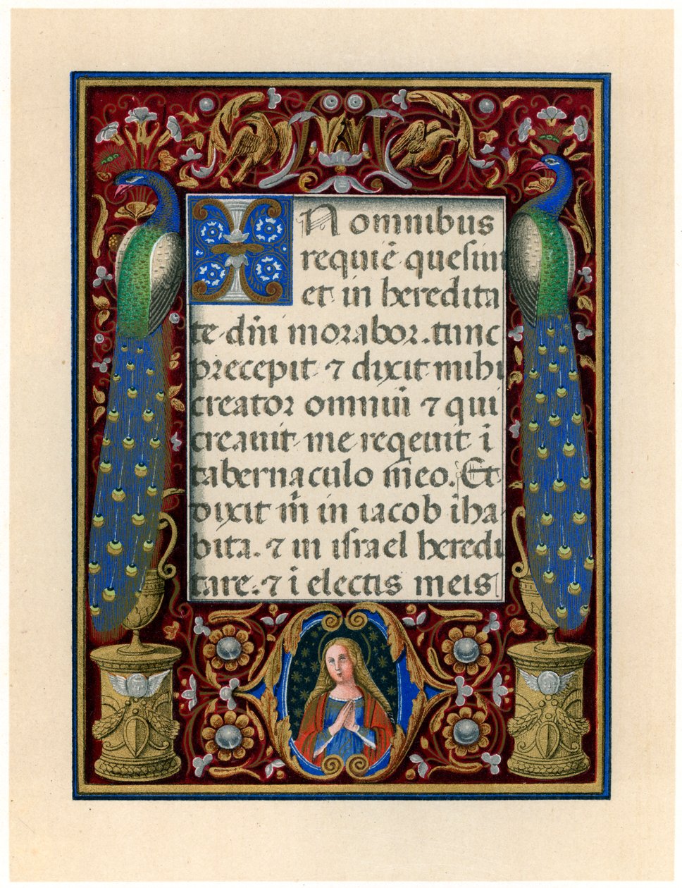 Szöveges oldal a Szűzanyával és két pávával, c1490 alkotó: Giovan Pietro Birago