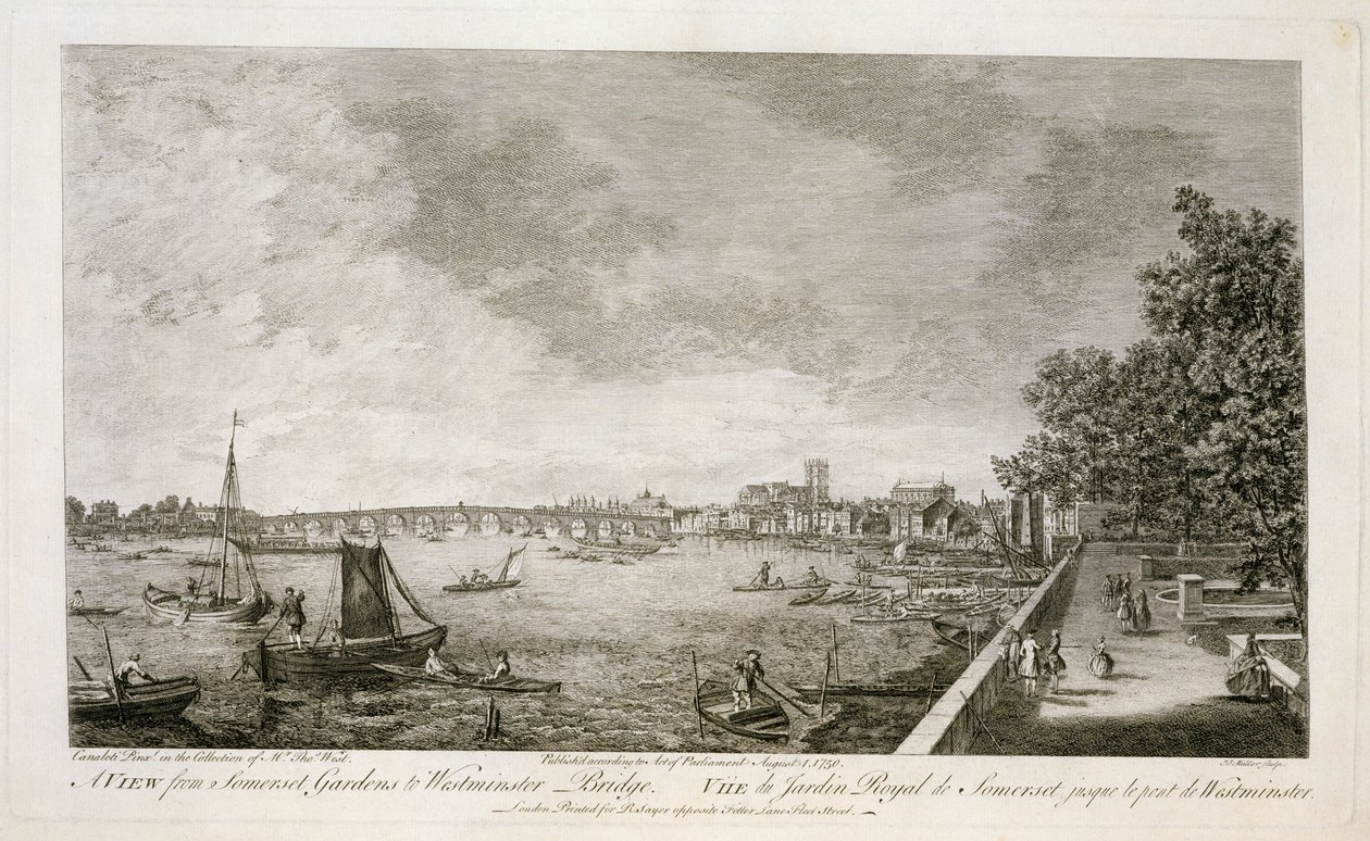 Kilátás a Somerset Gardensről a Westminster Bridge-re, vésette Johann Sebastian Mueller (1715-92 körül) 1750 (lásd: 111929) alkotó: Giovanni Antonio Canal