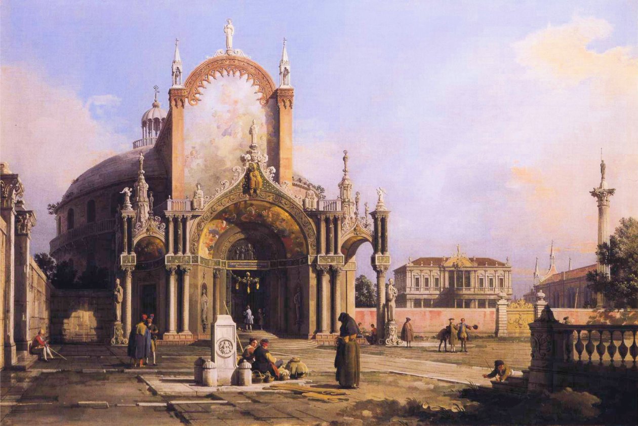 Egy kerek templom Capriccio -ja egy kidolgozott gótikus portikóval a Piazza -n, egy Palladian Piazza -val és egy gótikus templommal azon túl. JPG alkotó: Giovanni Antonio Canal
