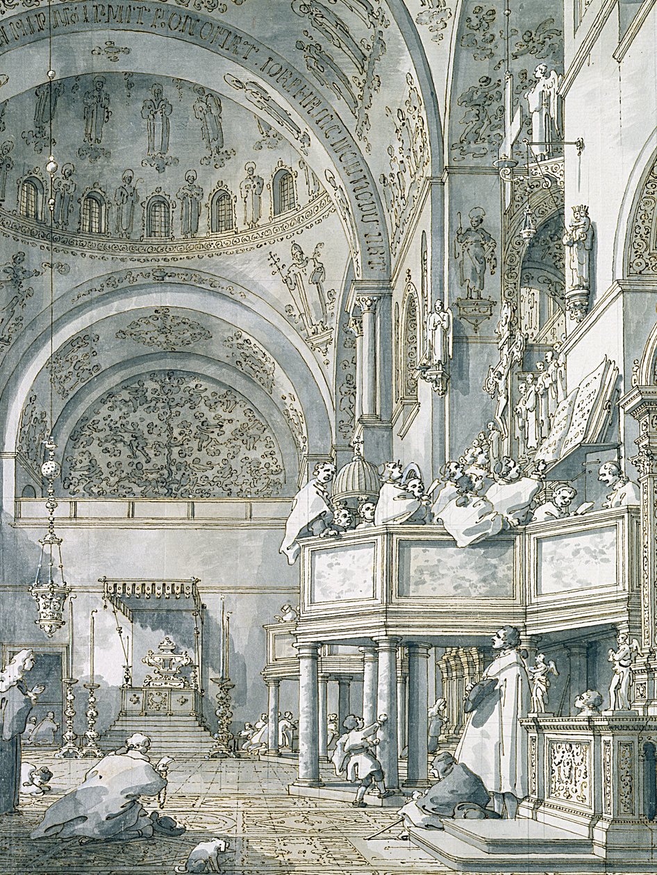 Kórusének a velencei Szent Márk-bazilikában, 1766 (toll, tinta és mosás papíron) alkotó: Giovanni Antonio Canal