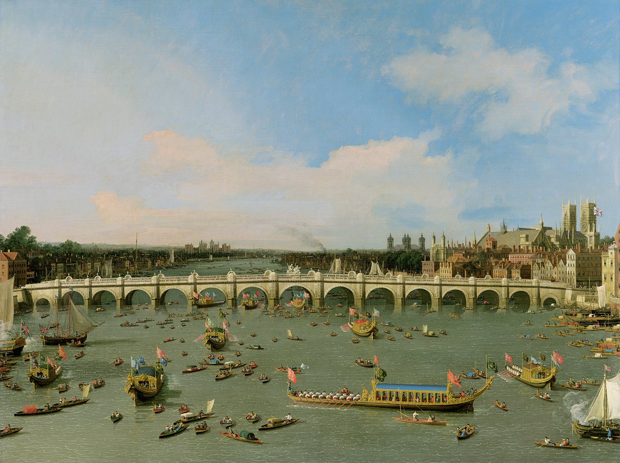 Westminster Bridge, London, a Lord Mayor körmenetével a Temzén alkotó: Giovanni Antonio Canal