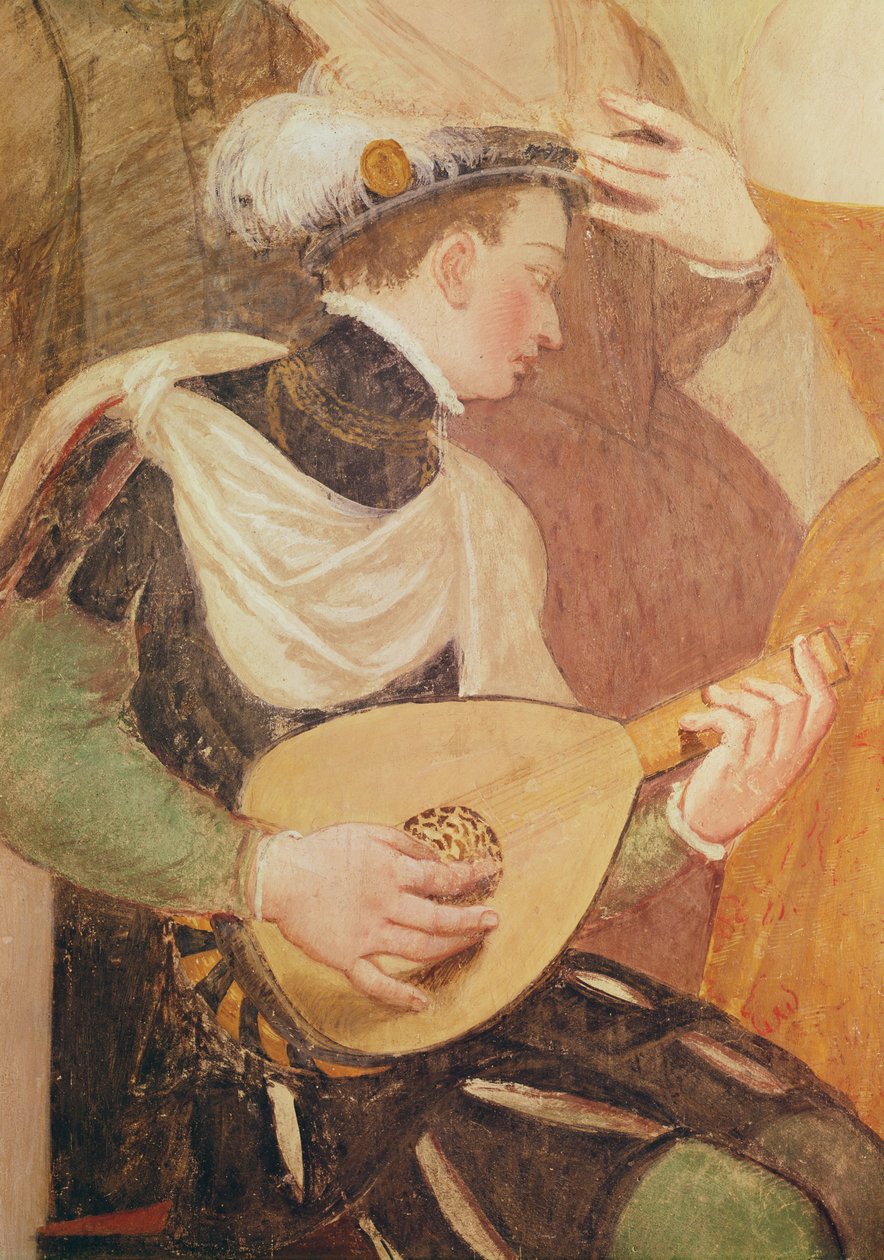 Meghívás a táncra, részlet egy zenészről, 1570-es freskó alkotó: Giovanni Antonio Fasolo