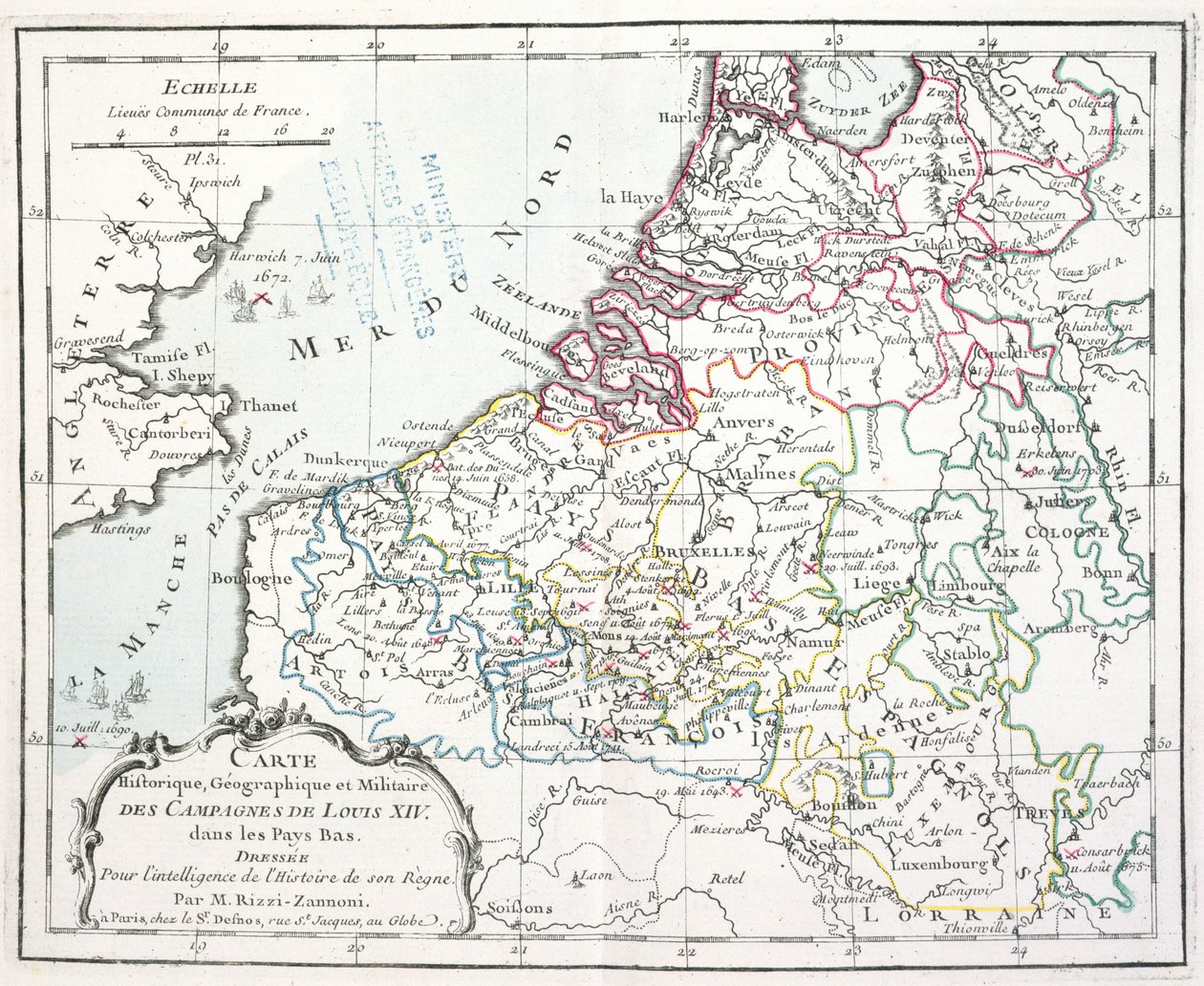 XIV. Lajos németországi hadjáratait bemutató térkép, az Atlas géographique et militaire-ből, Párizsban, 1763-ban (színes metszet) alkotó: Giovanni Antonio Rizzi Zannoni