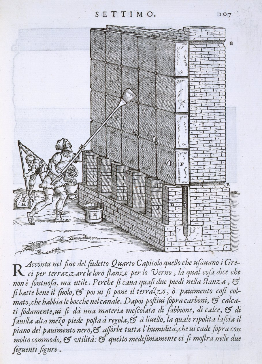 Védőbevonat felhordása a falra, a "Della Architettura" című, 1590-ben kiadott műből. alkotó: Giovanni Antonio Rusconi