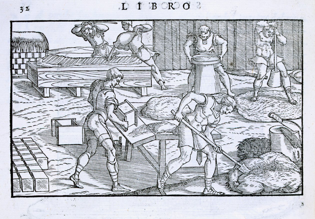Lakóépületek és téglagyártás, az 1590-ben kiadott "Della Architettura" című műből. alkotó: Giovanni Antonio Rusconi