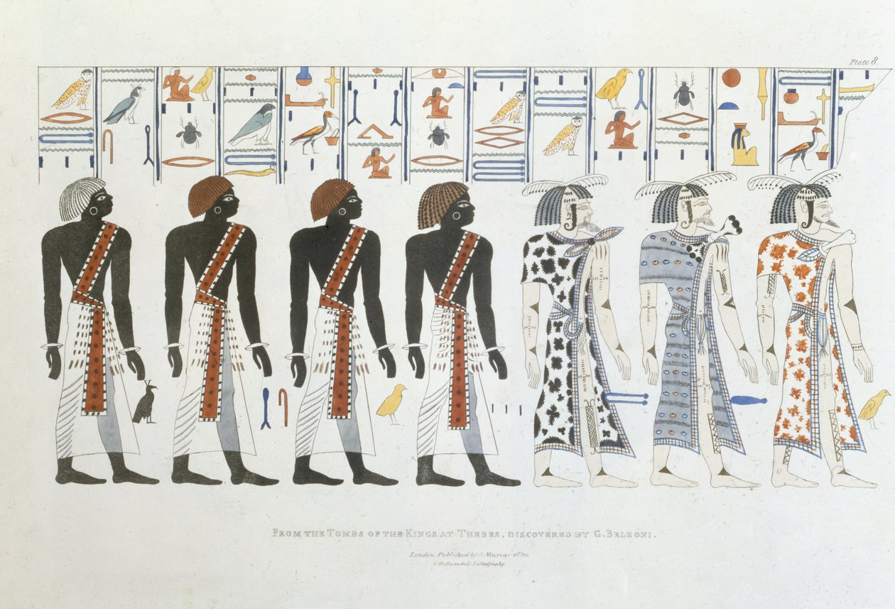 A thébai királysírok hieroglifáinak illusztrációi, amelyeket G. Belzoni fedezett fel, 8. tábla az "Egyiptom és Núbia kutatásait szemléltető táblákról", Charles Hullmandel metszet alkotó: Giovanni Battista Belzoni