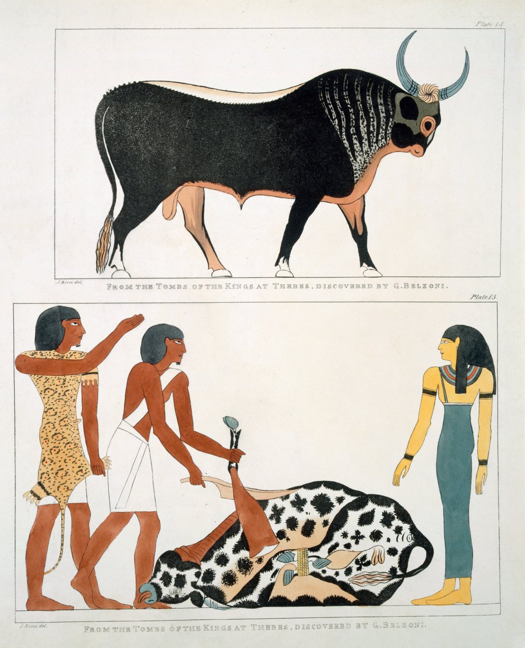 Falfestmény a thébai királyok sírjairól, G. Belzoni által felfedezett, 13. tábla az „Egyiptom és Núbia kutatásait szemléltető táblák” 1820–22. alkotó: Giovanni Battista Belzoni