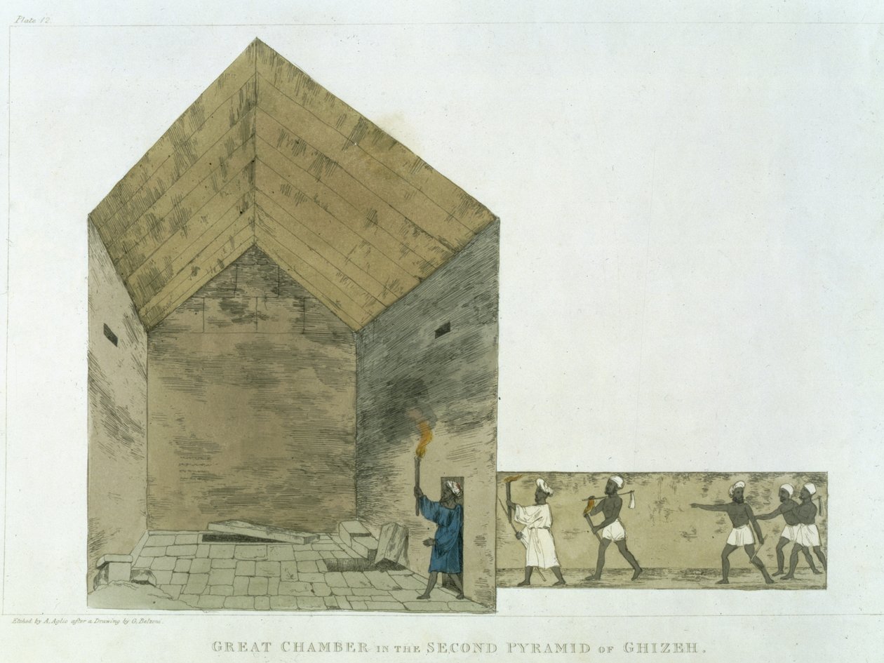 Giovanni Belzoni által felfedezett Nagy Kamra a második gízai piramisban, az "Egyiptom és Núbia kutatásait szemléltető táblák" 12. táblája, amelyet Augustine Aglio (1777-1857) vésett 182 alkotó: Giovanni Battista Belzoni