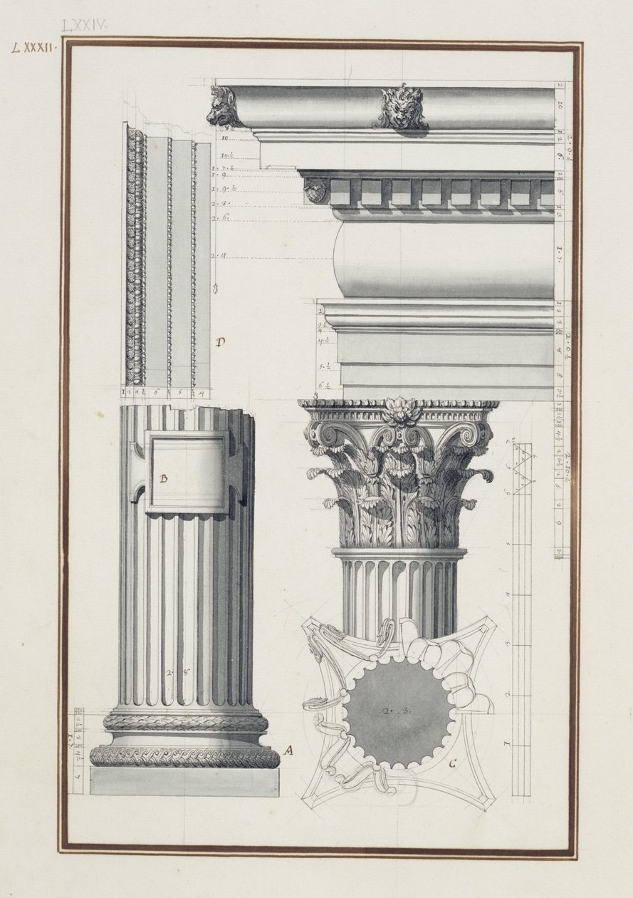 Részletek egy összetett rendelésről, 1750 körül (barna és fekete tinta, valamint grafitos mosás fektetett papíron) alkotó: Giovanni Battista Borra