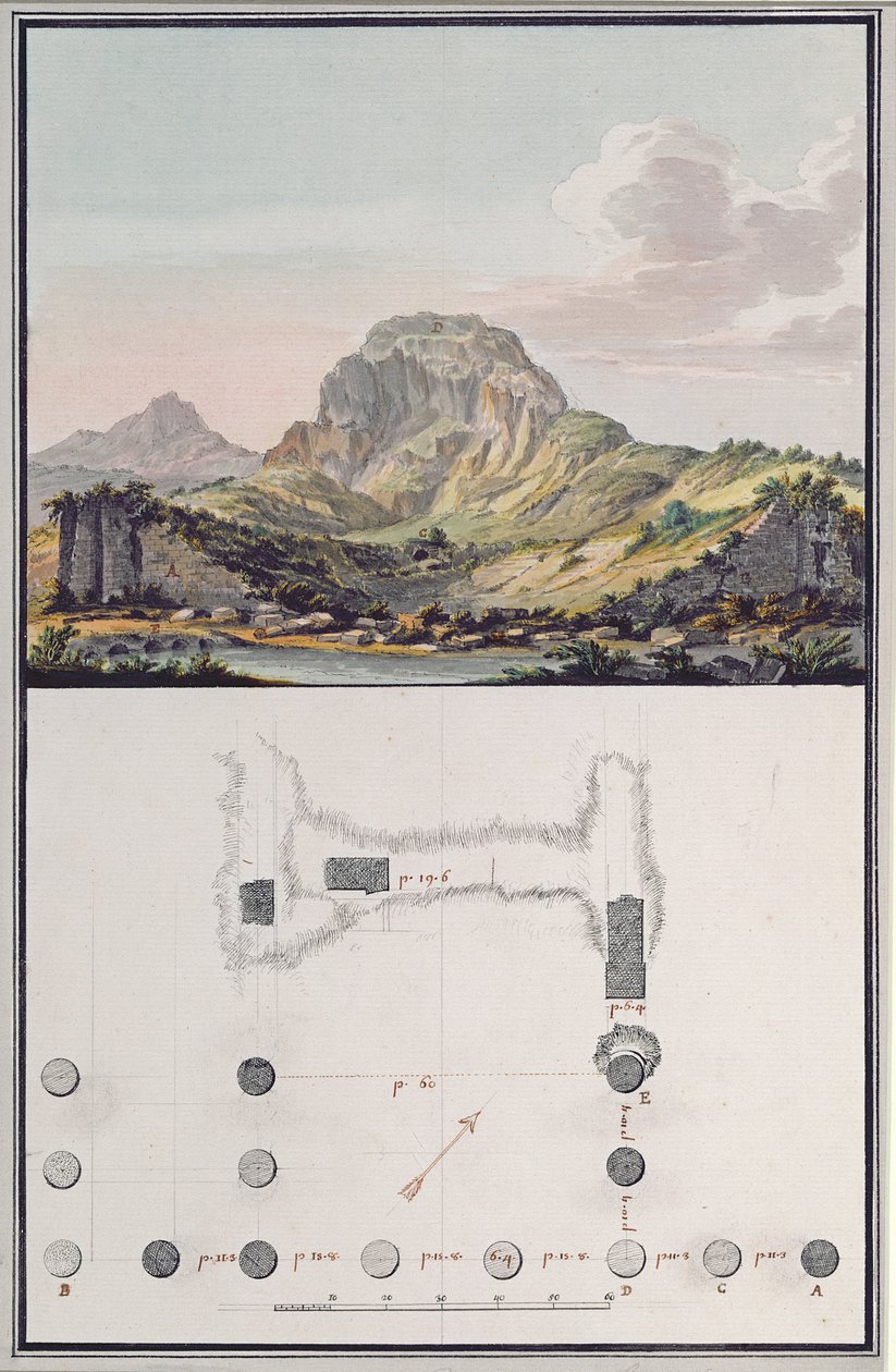 Kilátás a szárdiszi színházra és a szardisi ión templom terve, 1750 körül (toll és tinta, akvarell, mosás, gouache és ceruza papíron) alkotó: Giovanni Battista Borra