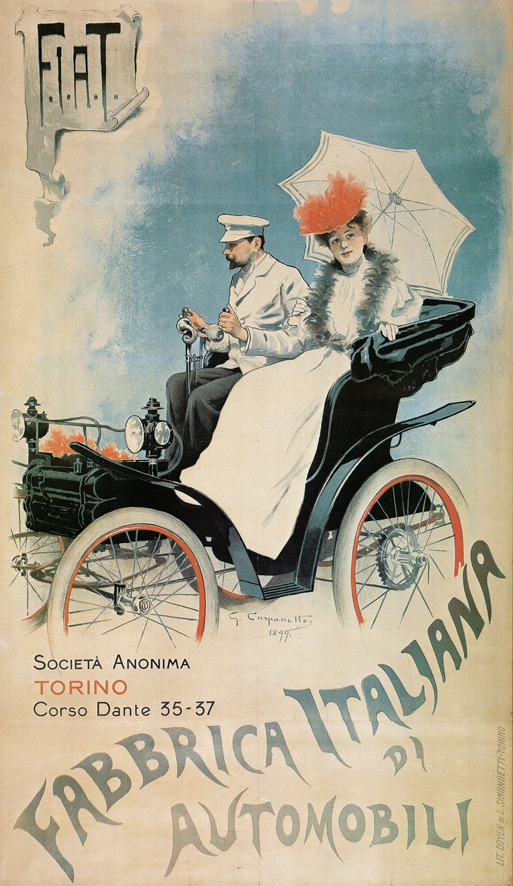 Egy korai FIAT autót hirdető plakát, 1899 alkotó: Giovanni Battista Carpanetto