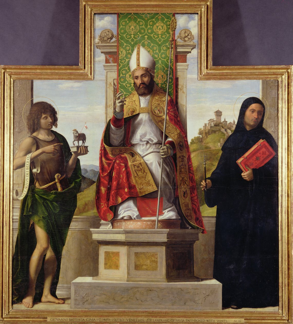 Páviai Szent Lanfranc Keresztelő Szent János és Szent Liberius között trónoló, 1515-1616 körül alkotó: Giovanni Battista Cima da Conegliano