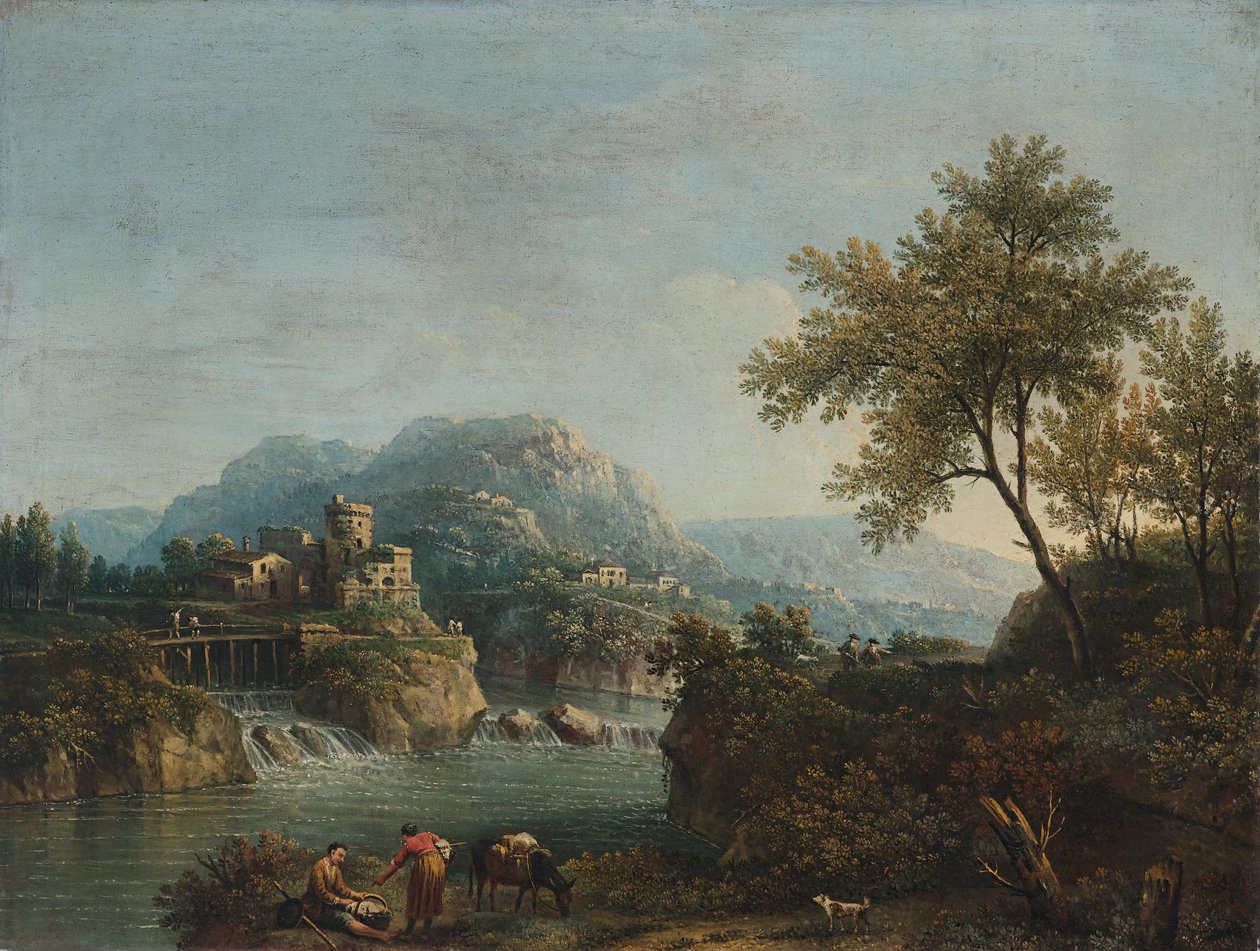 Folyói táj figurákkal és egy szamárral alkotó: Giovanni Battista Cimaroli