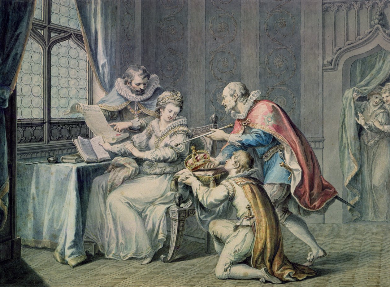 Northumberland és Suffolk hercegei imádkoznak Lady Jane Gray-hez, hogy fogadja el a koronát alkotó: Giovanni Battista Cipriani