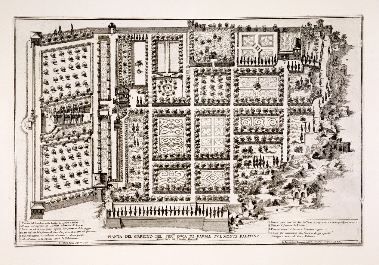 Parma hercegének kertje a római Palatinus-dombon, az "Il Nuovo Teatro della Fabriche et Edifici in Prospettiva di Roma Moderna" című, 1665-69 körül kiadott műből (lásd még 171686). alkotó: Giovanni Battista Falda