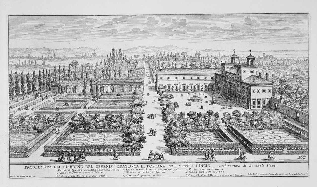 Toszkána Nagyhercegének kertje a Monte Pincio-n, Rómában, az „Il Nuovo Teatro della Fabriche et Buildings in Perspective of Modern Rome” című művéből, 1665–1669 körül (lásd még: 171622) alkotó: Giovanni Battista Falda