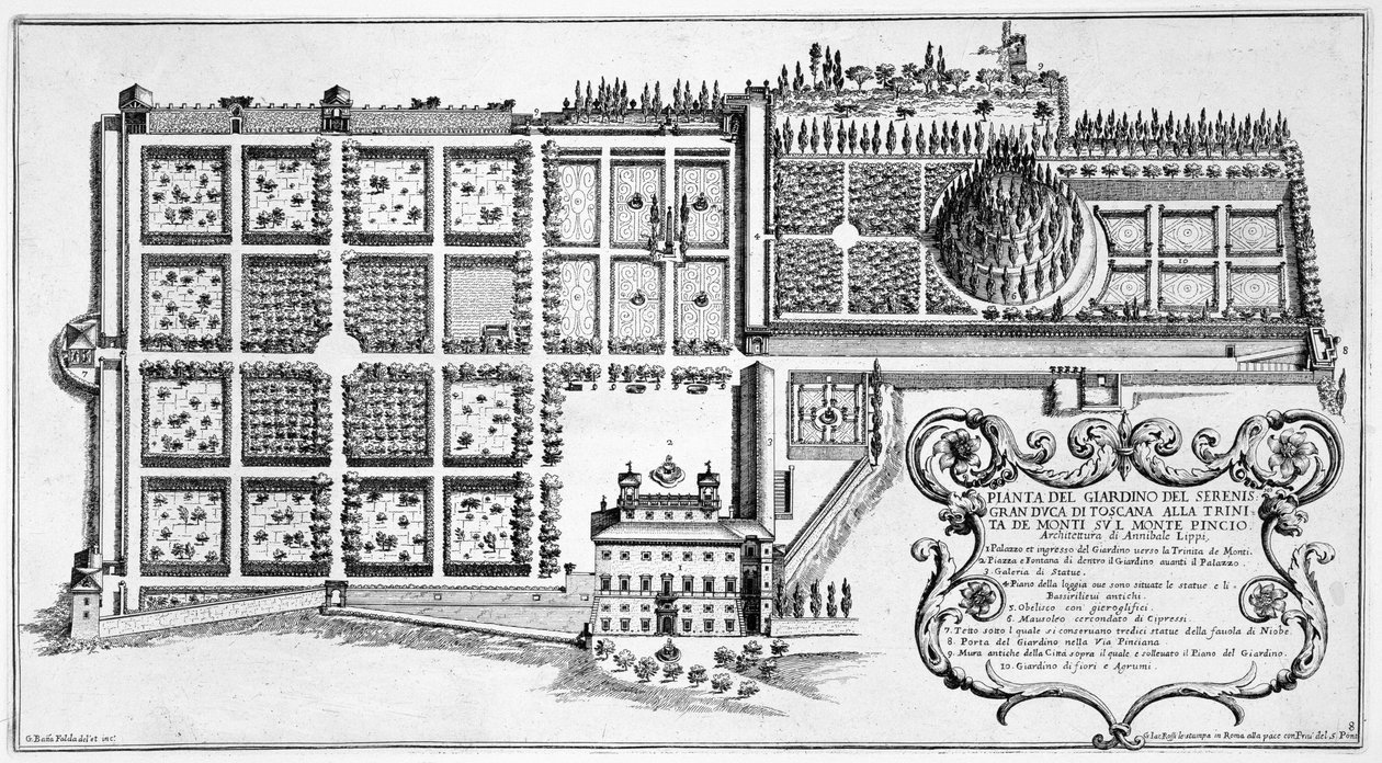 Toszkána Nagyhercegének kertje a Trinita de Monte a Pincio-parton, Rómában, az „Il Nuovo Teatro della Fabriche et Edifici in Perspective of Modern Rome” c. alkotó: Giovanni Battista Falda