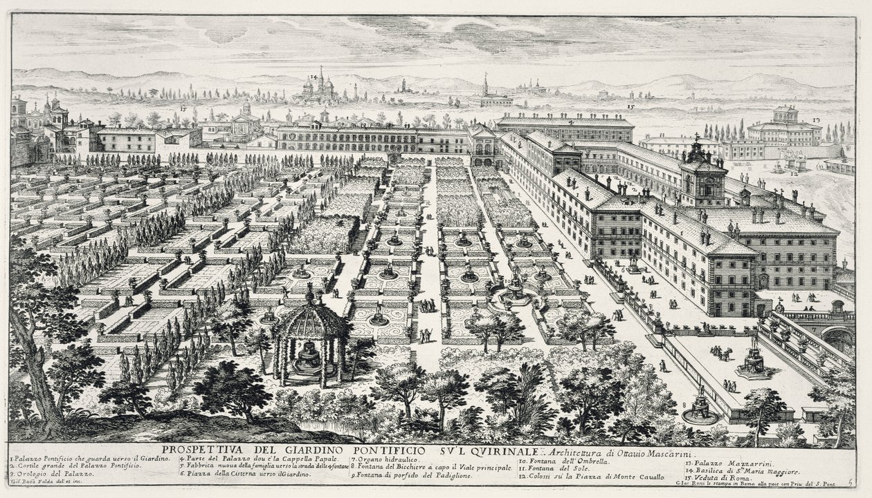 A Quirinale kertjei, a "Li Giardini di Roma" című, 1683 körül kiadott könyvből (lásd még 172930). alkotó: Giovanni Battista Falda