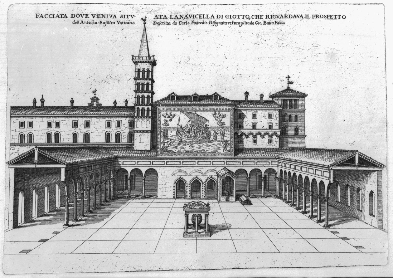 A régi vatikáni bazilika áldásos loggiája, kilátással Giotto mozaikjára alkotó: Giovanni Battista Falda
