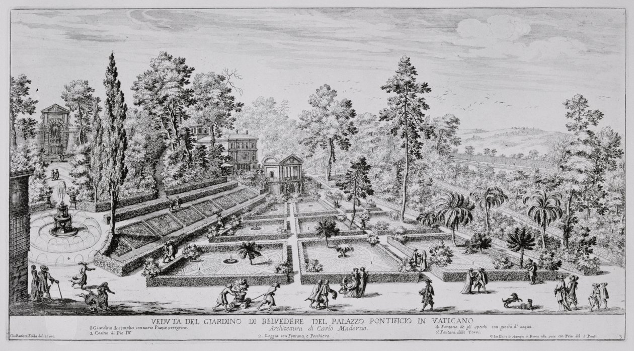 Pius pápa (1499-1565) örömkertje és pavilonja a Vatikáni Palotában, az „Il Nuovo Teatro della Fabriche et Buildings in Perspective of Modern Rome” című művéből, 1665-69 körül megjelent alkotó: Giovanni Battista Falda