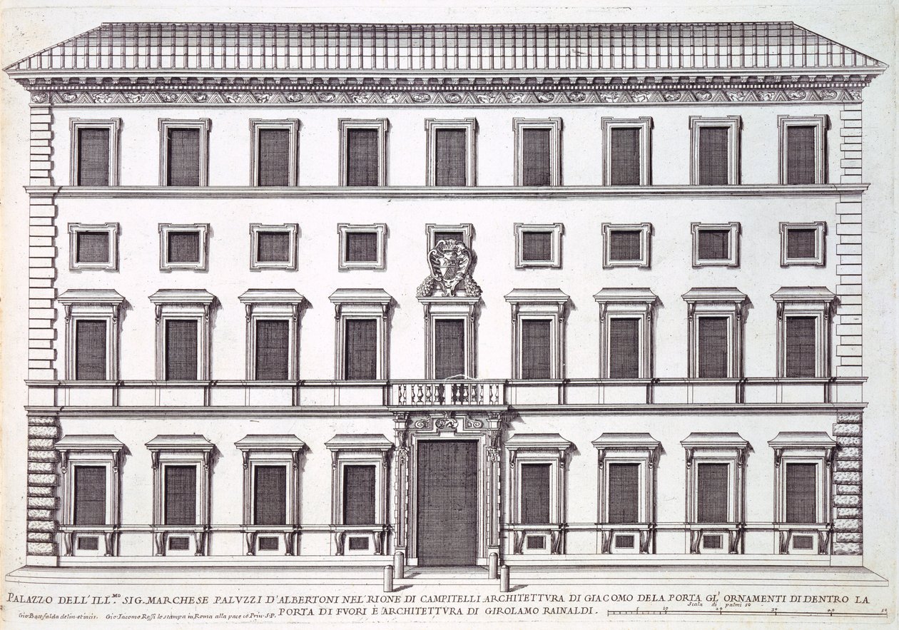 A Giacomo della Porta (1538-1602) és Girolamo Rainaldi (1570-1655) által tervezett római Palazzo Marchese homlokzatának látképe. alkotó: Giovanni Battista Falda