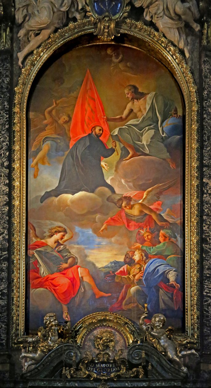 Egy szentet ábrázoló festmény Krisztussal, angyalokkal és imádókkal alkotó: Giovanni Battista Gaulli