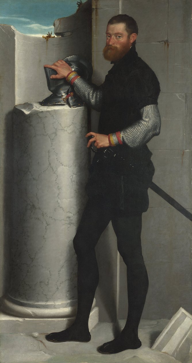Egy úriember portréja sisakkal egy oszloptengelyen alkotó: Giovanni Battista Moroni
