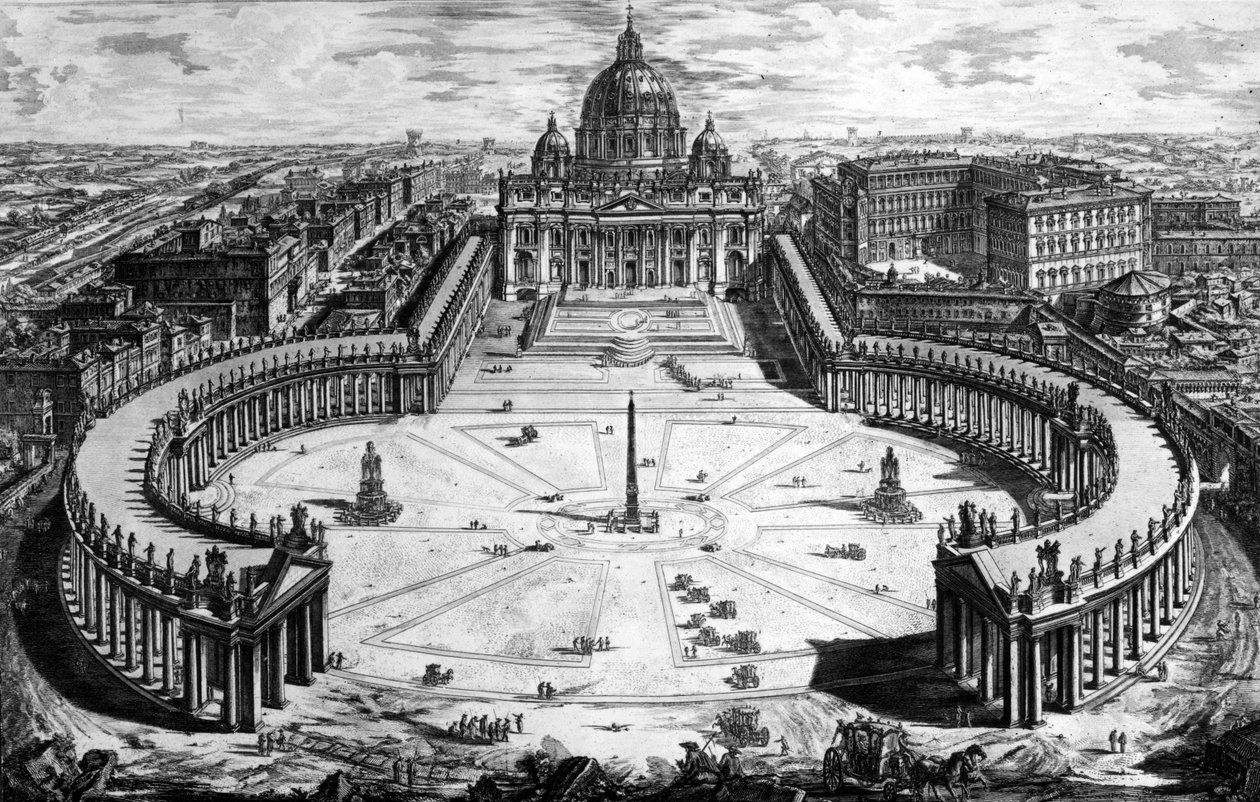 A Szent Péter-bazilika és a Piazza madártávlatból, a „Róma kilátásai” sorozatból, 1760 körül alkotó: Giovanni Battista Piranesi