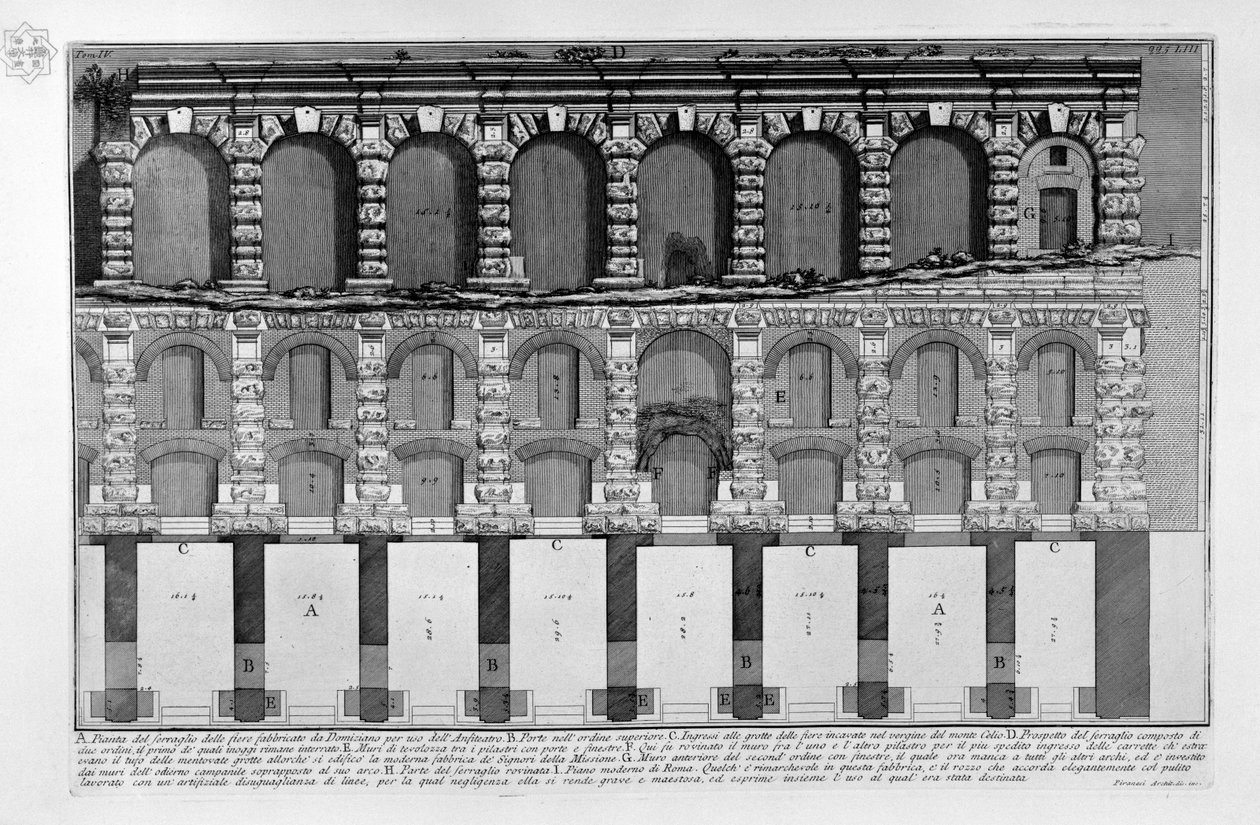 A Domitianus által az Amfiteátrum használatára épített vásárok vadásztermének bemutatása alkotó: Giovanni Battista Piranesi