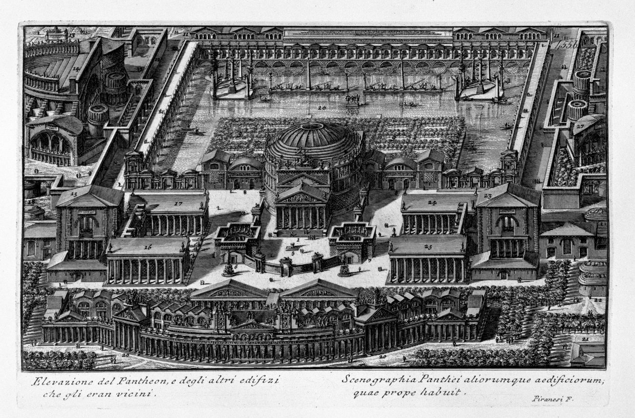 A Pantheon és a hozzá közel álló egyéb épületek magassága. Latina alkotó: Giovanni Battista Piranesi