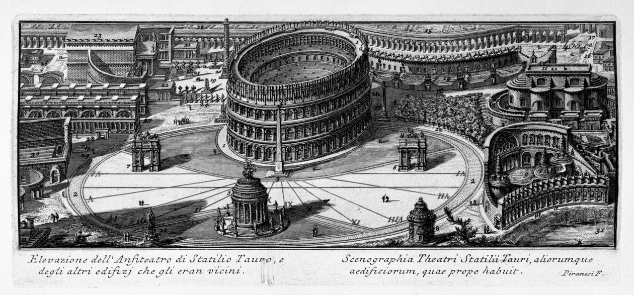 Statilio Tauro amfiteátrumának és a hozzá közel álló egyéb épületeknek a magassága. Latina alkotó: Giovanni Battista Piranesi