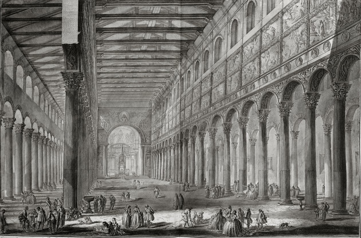 A római San Paulo Fuori le Mura bazilika belseje, a "Le Antichita Romane de G.B. Piranesi (1756)" című, 1835-ben Párizsban kiadott műből. alkotó: Giovanni Battista Piranesi