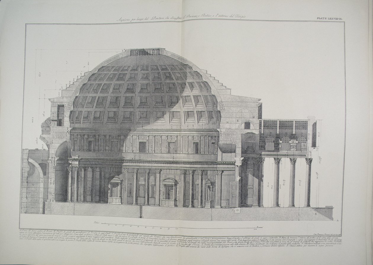 LXXVIII-IX A Pantheon hosszmetszete, amely a kupolát, az oszlopcsarnokot és a templom belsejét mutatja a "Vedute"-ból, amely először 1756-ban jelent meg, kiadó: E und F.N. Spon Ltd., 1900. alkotó: Giovanni Battista Piranesi