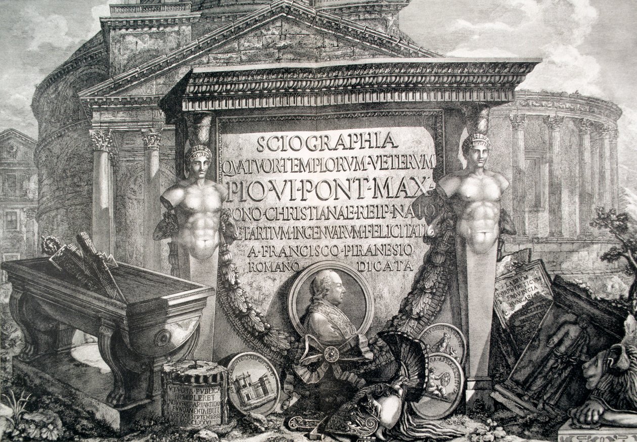 LXXIII-IV. tábla: építészeti romok és régiségek Capriccio, illusztráció a „Vedute” „Pantheon és templomok” című fejezetéhez, először 1756-ban, pub. írta: E und F.N. Spon Ltd., 1900 (engra alkotó: Giovanni Battista Piranesi