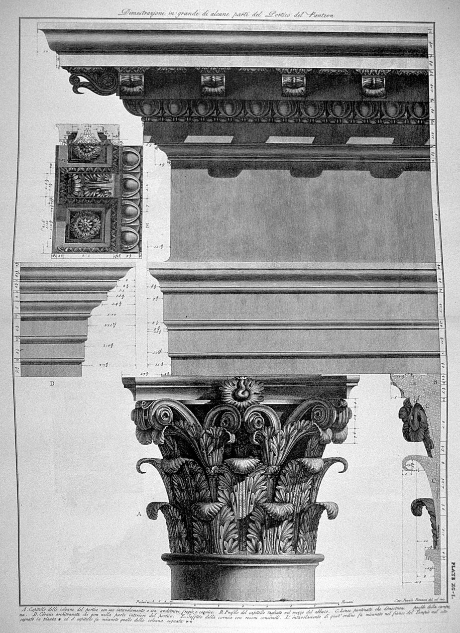 XC-I tábla Nagyméretű A Pantheon portikuszának egy részlete Vedute-ból, először 1756-ban publikálva, pub. E. & F.N Spon Ltd., 1900 alkotó: Giovanni Battista Piranesi