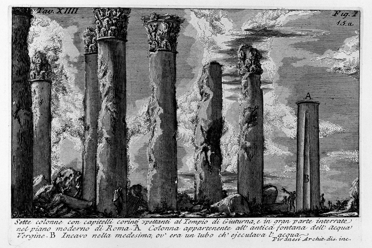 Hét oszlop a korinthusi fővárosokkal, amelyek a Juturna templomhoz tartoznak, és többnyire Róma modern tervében vannak eltemetve alkotó: Giovanni Battista Piranesi